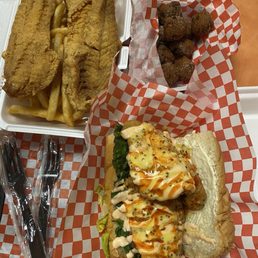 Red Snapper (comes with fries and white bread slice), Hush Puppies, & Catfish Po Boy Red Snapper (comes with fries and white bread slice), Hush Puppies, & Catfish Po Boy