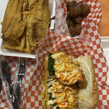 Sharkys Chicken & Fish - Red Snapper (comes with fries and white bread slice), Hush Puppies, & Catfish Po Boy - Seafood Near Me - Vacaville, California Sharkys Chicken & Fish - Red Snapper (comes with fries and white bread slice), Hush Puppies, & Catfish Po Boy - Seafood Near Me - Vacaville, California