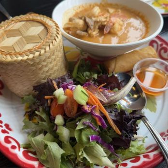 Thai House Street Eats - Panang curry w/ sticky rice, salad, & spring roll - Thai Near Me - Lakewood, California Thai House Street Eats - Panang curry w/ sticky rice, salad, & spring roll - Thai Near Me - Lakewood, California
