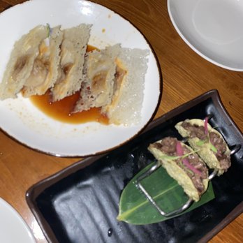 Komodo Miami - Wagyu Beef Dumpling (L) & Wagyu Skirt Steak Tacos w/o aioli (R) - Asian Fusion Near Me - Miami, Florida Komodo Miami - Wagyu Beef Dumpling (L) & Wagyu Skirt Steak Tacos w/o aioli (R) - Asian Fusion Near Me - Miami, Florida