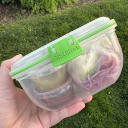 I bring my own container to hold all the condiments. Secure on the way back home. I bring my own container to hold all the condiments. Secure on the way back home.