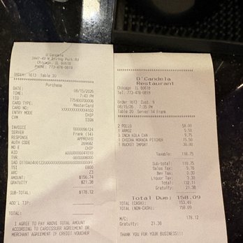 D'Candela Restaurant - Receipt on the right shows original amount, receipt on the left shows additional tip charged that was not authorized. - Peruvian Near Me - Chicago, Illinois