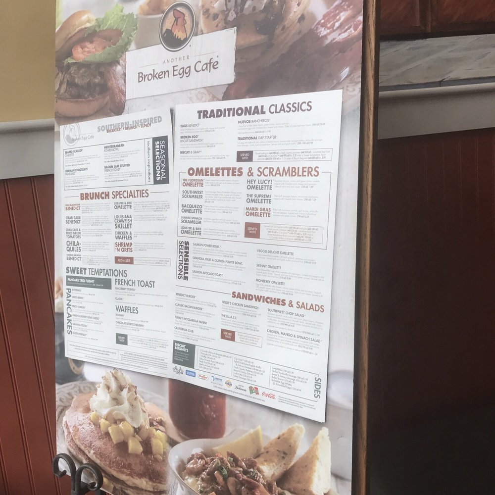 Another Broken Egg Cafe - The menu at the entryway - Breakfast & Brunch Near Me - Shenandoah, Texas Another Broken Egg Cafe - The menu at the entryway - Breakfast & Brunch Near Me - Shenandoah, Texas