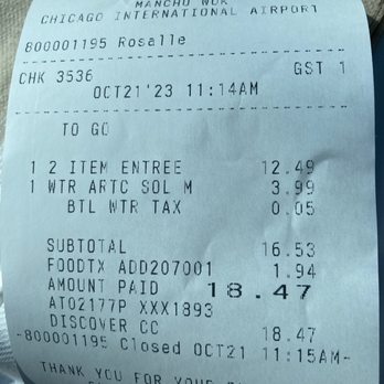 Manchu Wok - Receipt - Chinese Near Me - Chicago, Illinois