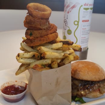 Burger Lounge - 1/2 and 1/2 (Half onion rings, half French fries) ($5.99) and The Lounge Burger ($7.95) - Burgers Near Me - Irvine, California Burger Lounge - 1/2 and 1/2 (Half onion rings, half French fries) ($5.99) and The Lounge Burger ($7.95) - Burgers Near Me - Irvine, California