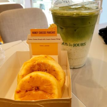 Tous Les Jours - Honey cheese pancake and iced matcha latte - Bakeries Near Me - Queens, New York