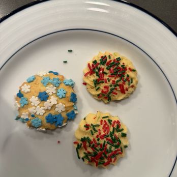 Amy's Pastry - Blue cookies were prepackaged, dry and crumbly, but bigger and nicely decorated.   The red/green were the small, flat cookies. - Bakeries Near Me - Montebello, California
