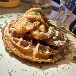 Cornbread waffle w/ shrimp and a lobster tail