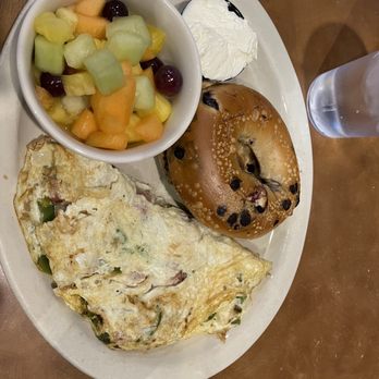 Chompie's - Fitness Omelet with cinnamon raisin bagel and fresh fruit - Delis Near Me - Scottsdale, Arizona Chompie's - Fitness Omelet with cinnamon raisin bagel and fresh fruit - Delis Near Me - Scottsdale, Arizona