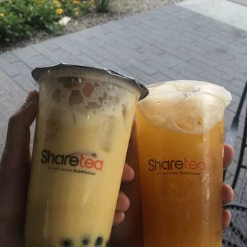 Sharetea - Mango Green Milk Tea with Boba - Less Ice & 100 Sugar (Pictured Left) and Peach Tea with Lychee Jelly - Less Ice & 30 Sugar (Pictured Right) - Bubble Tea Near Me - Chandler, Arizona