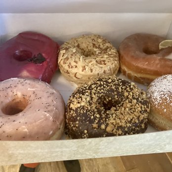 Dough - L-R Top-Bottom  Vegan Hibiscus Dulce de Leche Margarita Lemon Poppy Mocha Almond Crunch Nutella - Donuts Near Me - Brooklyn, New York