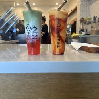 Teaspoon - Strawberry Serenade (with Strawberry popping boba and Strawberry heart jelly) and Mangi Funtime with tajin and chamoy - Bubble Tea Near Me - Concord, California