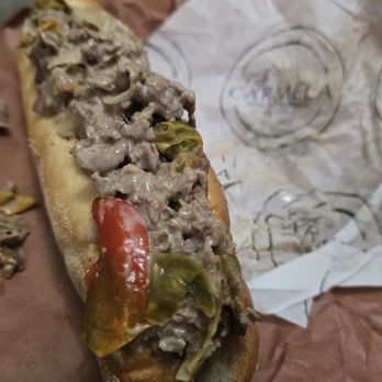 Café Carmela - Cheesesteak with onions, Cooper sharp cheese and long hots - Italian Near Me - Philadelphia, Pennsylvania Café Carmela - Cheesesteak with onions, Cooper sharp cheese and long hots - Italian Near Me - Philadelphia, Pennsylvania