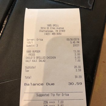1885 Grill - Our bill - Seafood Near Me - Chattanooga, Tennessee