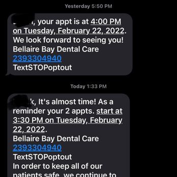 Bellaire Bay Dental Care - This is a screenshot of the reminder they send. Nowhere does it say to reply to confirm, only to reschedule if you have Covid 19 symptoms. - General Dentistry Near Me - Naples, Florida Bellaire Bay Dental Care - This is a screenshot of the reminder they send. Nowhere does it say to reply to confirm, only to reschedule if you have Covid 19 symptoms. - General Dentistry Near Me - Naples, Florida