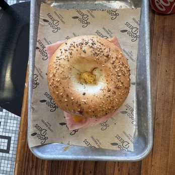 Good Deeds Coffee - Ham egg and cheese on onion bagel - Coffee & Tea Near Me - Fowlerville, Michigan Good Deeds Coffee - Ham egg and cheese on onion bagel - Coffee & Tea Near Me - Fowlerville, Michigan