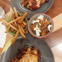 Half chicken w/2 sides (sweet potatoes & chips/fries). Half chicken w/2 sides (sweet potatoes & chips/fries).