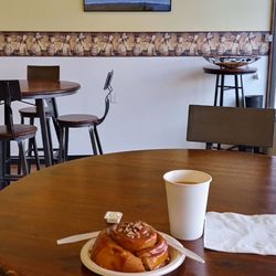 Pies Cakes And More - Caramel glazed cinnamon roll and coffee