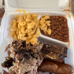 Miss Phyllis Pit BBQ - 3 meat plate... smoked sausage, brisket and smoked pork.