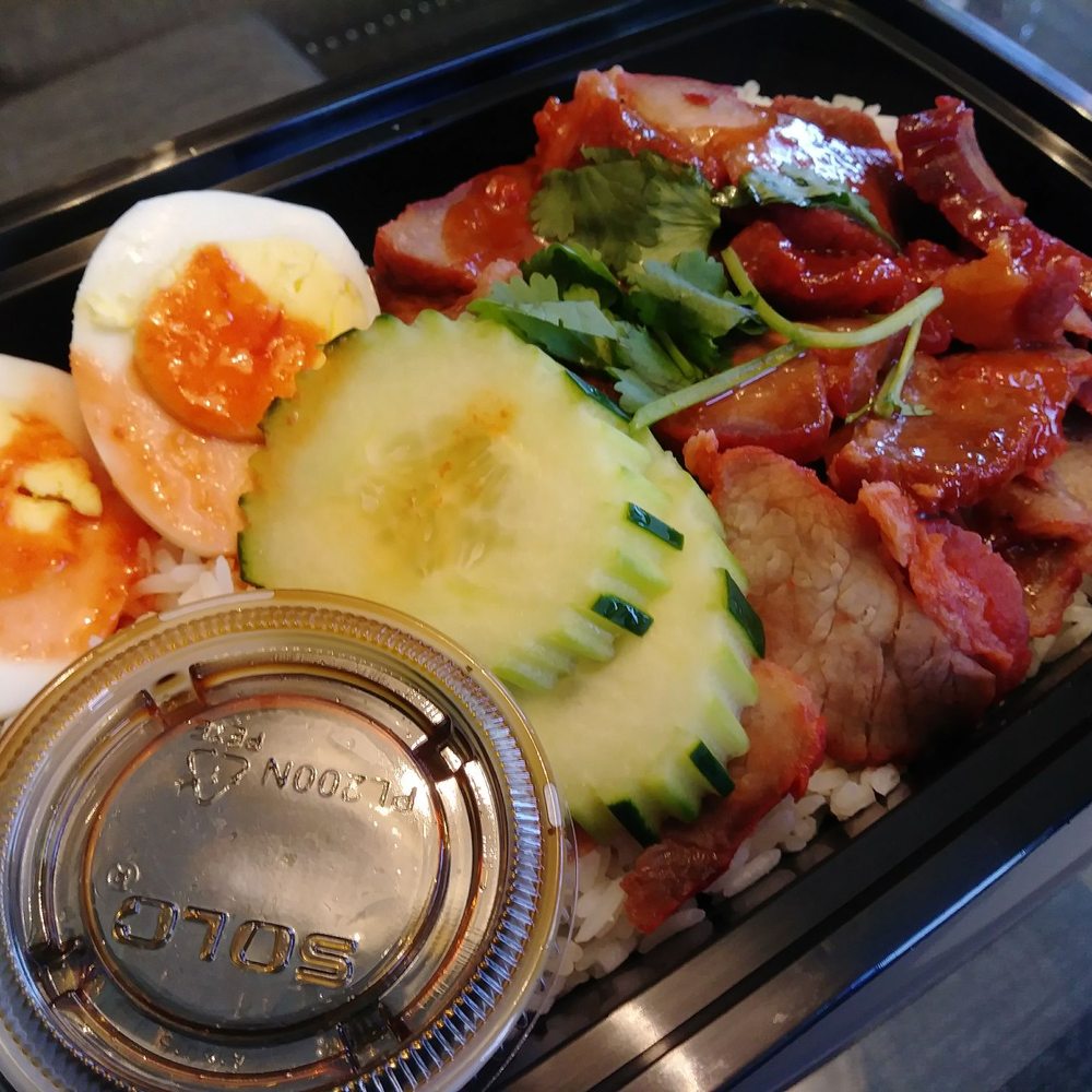ThaiLand To Go - Thai red bbq pork over rice with soft boiled eggs and cucumber. Love the tenderness of the pork! - Thai Near Me - Temecula, California