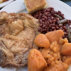 Taste of Lemon Restaurant - Pork chop, sweet potatoes, field peas and corn bread