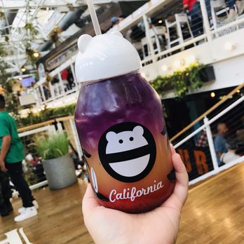 Mini Monster Cafe - Sunset lemonade in Mini Monster glass cup and lid - Bubble Tea Near Me - Anaheim, California
