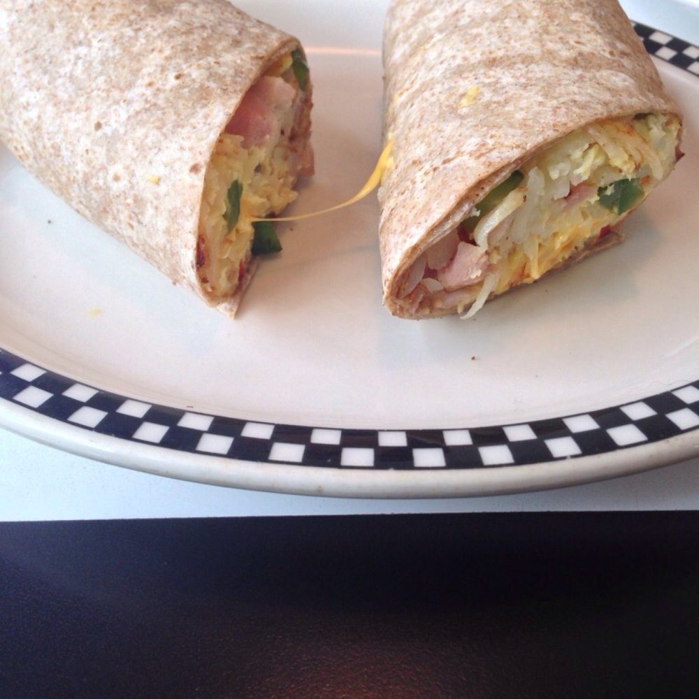 Western Wrap filled with peppers, potatoes, onions and cheese