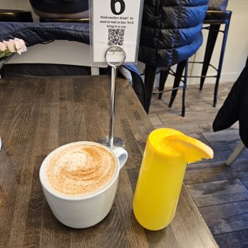 Onefold - Masala Chai Latte & Mimosa with Brut Cava and Valencia orange juice - Breakfast & Brunch Near Me - Denver, Colorado Onefold - Masala Chai Latte & Mimosa with Brut Cava and Valencia orange juice - Breakfast & Brunch Near Me - Denver, Colorado
