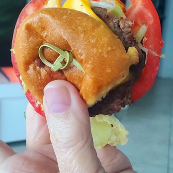 Burgers and Shakes - Slider with thin cheese slice, small meat patty, small bun and LARGE tomato! - Burgers Near Me - Miami Beach, Florida Burgers and Shakes - Slider with thin cheese slice, small meat patty, small bun and LARGE tomato! - Burgers Near Me - Miami Beach, Florida