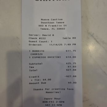 Nueva Cantina - 2025-11-14 Receipt - Mexican Near Me - Tampa Bay, Florida Nueva Cantina - 2025-11-14 Receipt - Mexican Near Me - Tampa Bay, Florida
