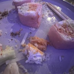 Crab Rangoon roll.  Lump of cream cheese, not mixed in with the crab.