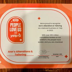 Ann's Alterations & Tailoring - We got recognized by Yelp