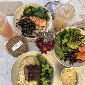 Flower Child - Restaurant week! Mother Earth, steak + broccoli + Mac & cheese + mashed potatoes, salmon + eggplant + spinach + brown rice - Salad Near Me - Del Mar, California Flower Child - Restaurant week! Mother Earth, steak + broccoli + Mac & cheese + mashed potatoes, salmon + eggplant + spinach + brown rice - Salad Near Me - Del Mar, California