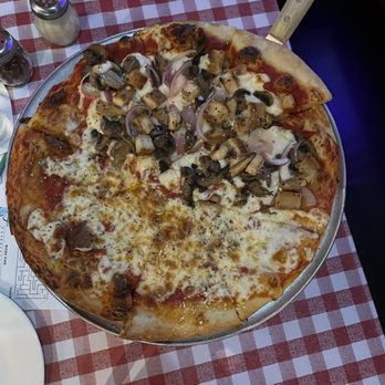 Kenny's East Coast Pizza - 1/2 Cheese & 1/2 grilled chicken, red onions, and mushrooms on our 14" FREE pizza. I Only had to pay for my toppings which were $1.99 each - Pizza Near Me - Plano, Texas