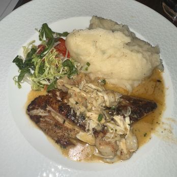 Haywire - Grilled Redfish with Lump Crab in lemon sauce. Citrus Frisée Salad and Mashed Potatoes - New American Near Me - Austin, Texas Haywire - Grilled Redfish with Lump Crab in lemon sauce. Citrus Frisée Salad and Mashed Potatoes - New American Near Me - Austin, Texas