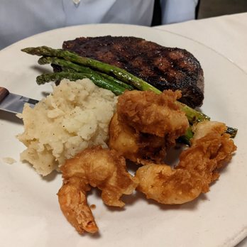 M & J Bistro - Ribeye steak with fried prawns added on - New American Near Me - Tracy, California
