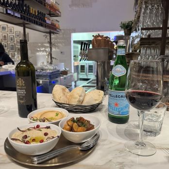 Ammatoli - 3 way messa: Spicy Hummus, mutabbal, and Batata Harra with pita bread - Mediterranean Near Me - Long Beach, California