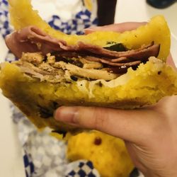 The Farmers Corn - Cubano? More like CUBANYES. Pulled pork on sweet bread ( I think it's bread with a plantain base)