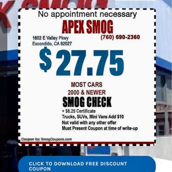 Apex Smog - Go on line & get your discount. - Smog Check Stations Near Me - Escondido, California Apex Smog - Go on line & get your discount. - Smog Check Stations Near Me - Escondido, California