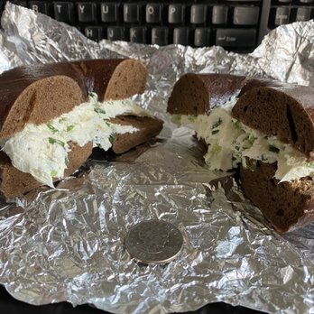 Broadway Bagel - Scallion Spread on a Bagel - Pumpernickel - Bagels Near Me - New York, New York