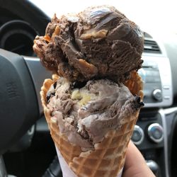Baskin-Robbins - Peanut butter and chocolate on top. Boston cream pie on the bottom. A little over $3 because on the 31st of the month it's a $1.50 a scoop!