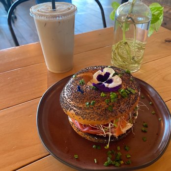 Java Cafe - Grande iced latte with macadamia nut syrup and a smoked salmon poppy seed bagel- Smoked Salmon & Caffe Latte - Coffee & Tea Near Me - Kihei, Hawaii Java Cafe - Grande iced latte with macadamia nut syrup and a smoked salmon poppy seed bagel- Smoked Salmon & Caffe Latte - Coffee & Tea Near Me - Kihei, Hawaii