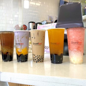 Sharetea - Peach Kiwi Tea, Taro Ice Blended, Pearl Black Milk Tea, Mango & Passion Fruit Tea, and Strawberry Ice Blended with Lychee Jelly & Ice Cream - Bubble Tea Near Me - Palmdale, California