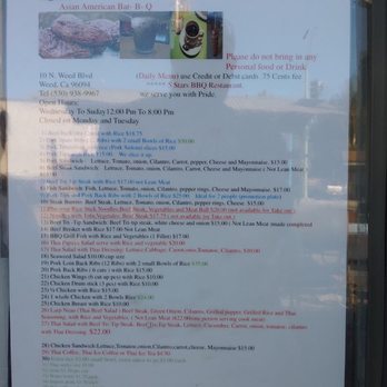 Asian-American Bar-B-Q - Updated Menu -July 2022 *inflation yikes!* - Barbeque Near Me - Weed, California Asian-American Bar-B-Q - Updated Menu -July 2022 *inflation yikes!* - Barbeque Near Me - Weed, California