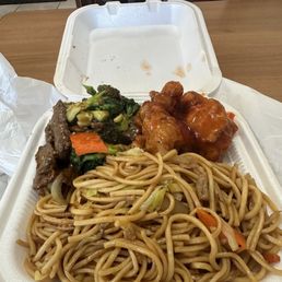 Chow mein, with beef broccoli and orange chicken