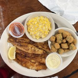 Hiway 77 Cafe - Cajun seasoning tilapia with fried okra and cream corn