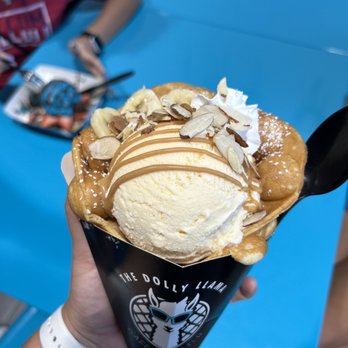 The Dolly Llama - Bubble waffle with vanilla ice cream, almonds, bananas, and peanut butter sauce! - Desserts Near Me - Pearland, Texas The Dolly Llama - Bubble waffle with vanilla ice cream, almonds, bananas, and peanut butter sauce! - Desserts Near Me - Pearland, Texas
