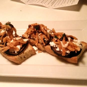 Public Kitchen & Bar - Eggplant crostinis with tahini sauce, fried onions, cheese and possibly balsamic. - Canadian (New) Near Me - Kitchener, Ontario