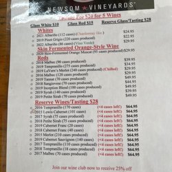 Newsom Vineyards - Tasting menu