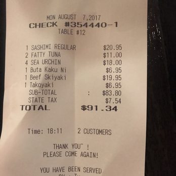 Sushi Yoshi - A bill for two. - Sushi Bars Near Me - Vienna, Virginia